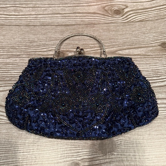 Vintage Navy Blue Beaded Evening Bag Top Handle Kiss Lock Formal Purse main image 1